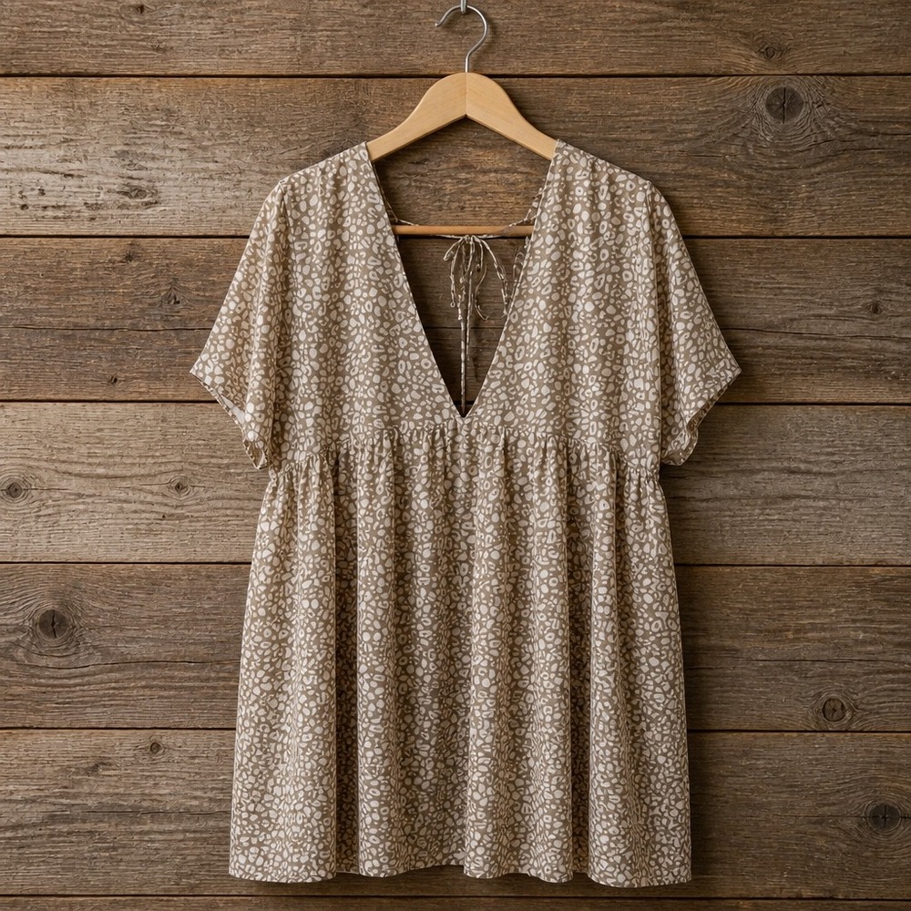 By Together Leopard Print LINED Mini Dress Tan White V-Neck Tassel Tie